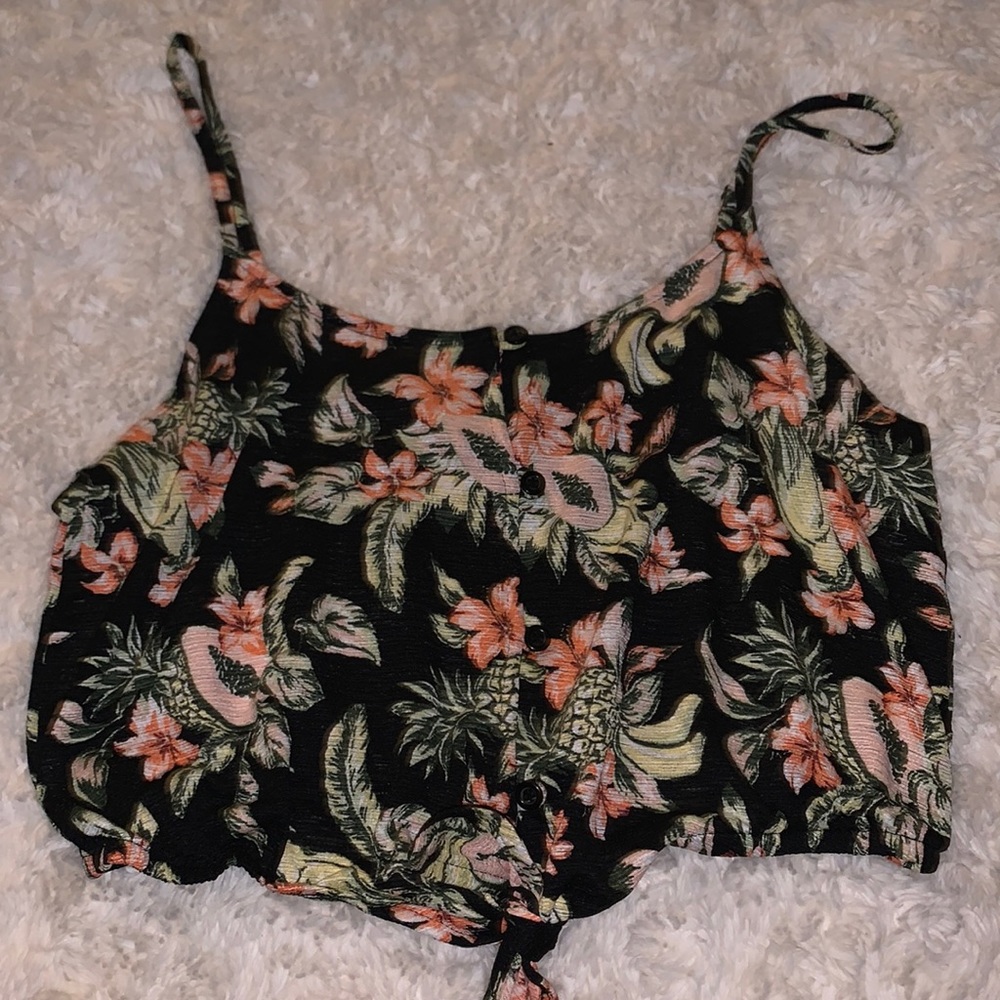 Floral cropped button-up, spaghetti strapped blouse